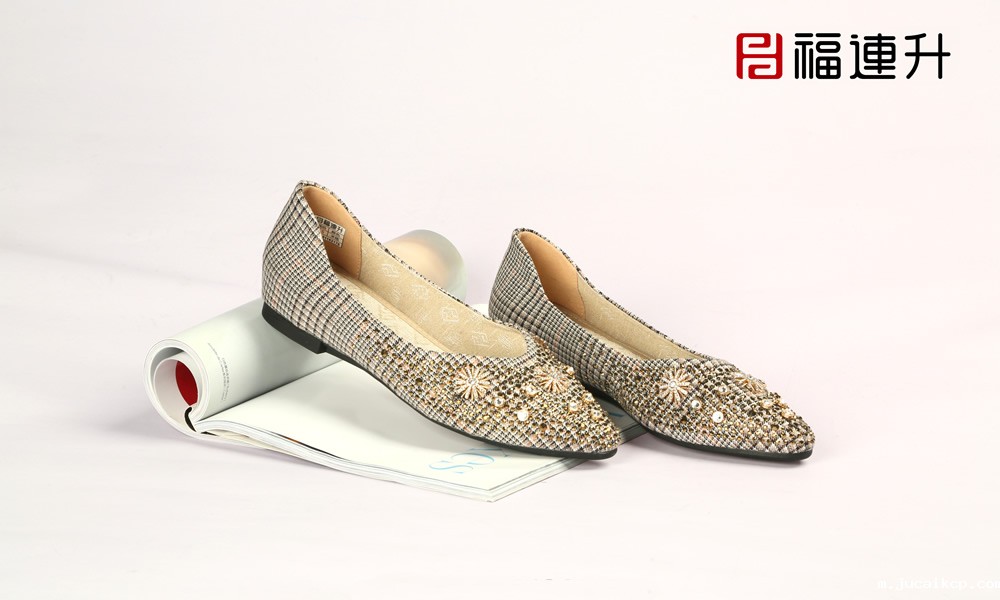 jucaikcp民国风格子布单鞋女镶钻浅口尖头鞋平底瓢鞋图片